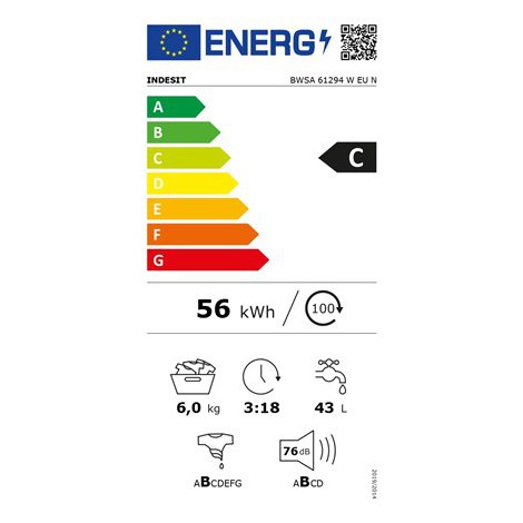 INDESIT | BWSA 61294 W EU N | Washing machine | Energy efficiency class C | Front loading | Washing capacity 6 kg | 1151 RPM | D - 4